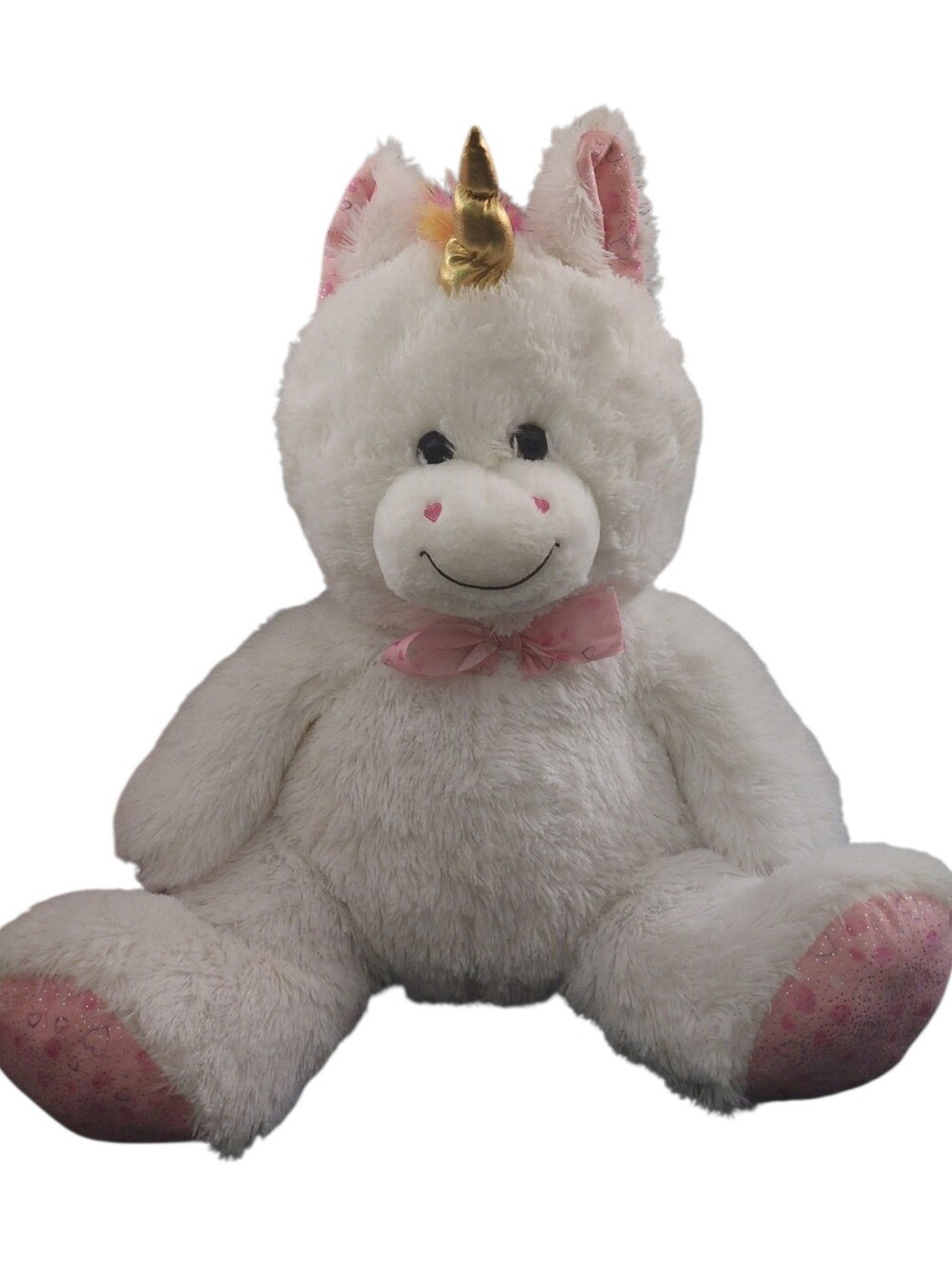 Unicorn Rainbow Mane & Tail Pink Heart Nostrils 24" Gold Horn Soft &Cuddly Plush